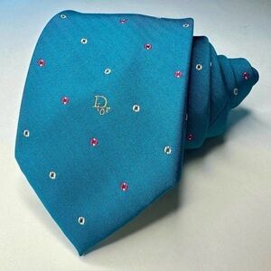 Vintage DIOR Embroidered Signature Polka Dotted Teal Classic Tie
